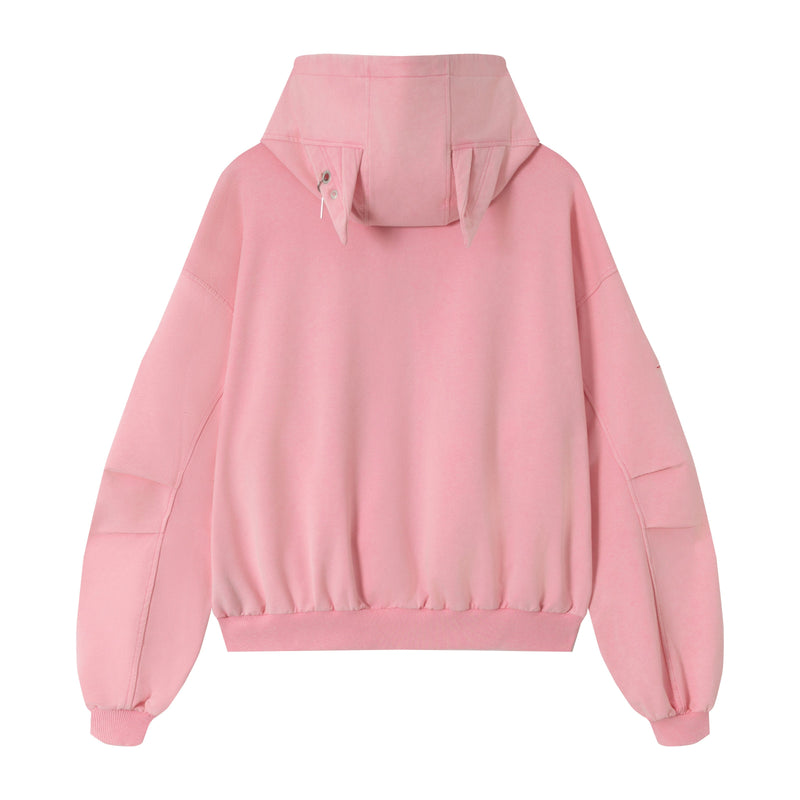 Pink zip hoodie back view with plain hood and long sleeves