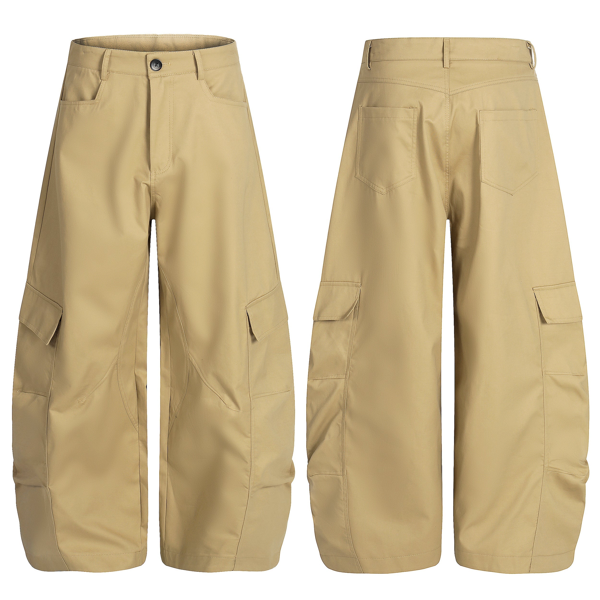 Front and back view of khaki wide-leg cargo pants with curved seam paneling and oversized flap pockets