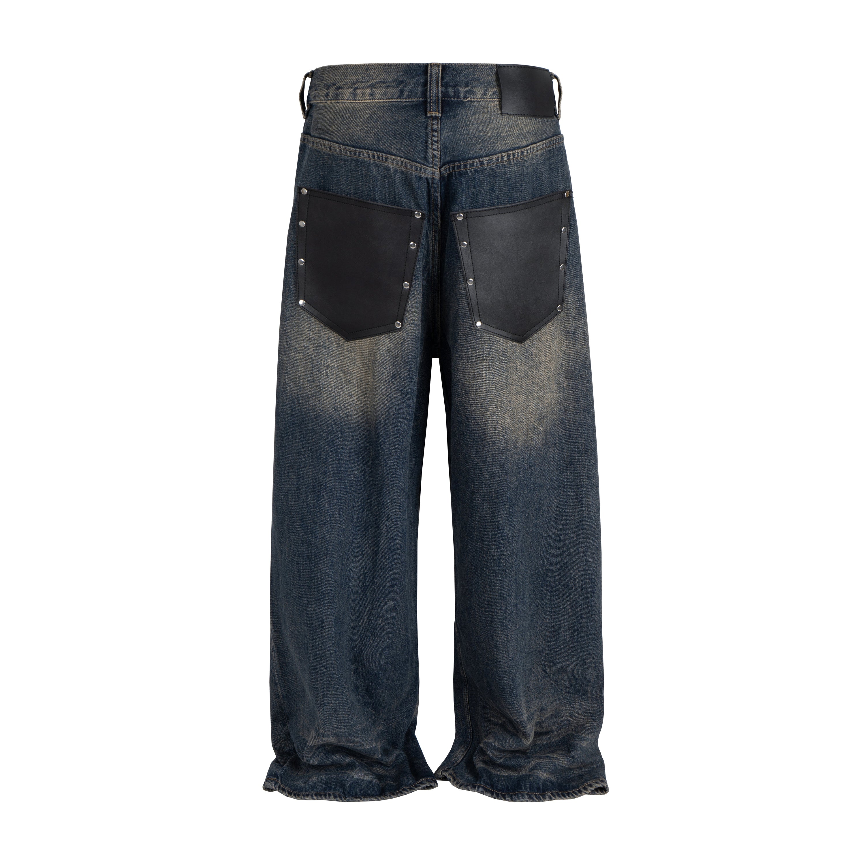 Omirad Distressed Wide-Leg Denim Jeans with Leather Patch Pockets