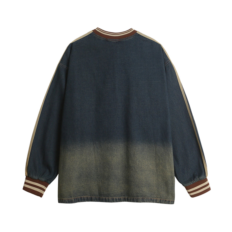 Back view of dark blue denim sweatshirt with brown striped ribbed collar and cuffs