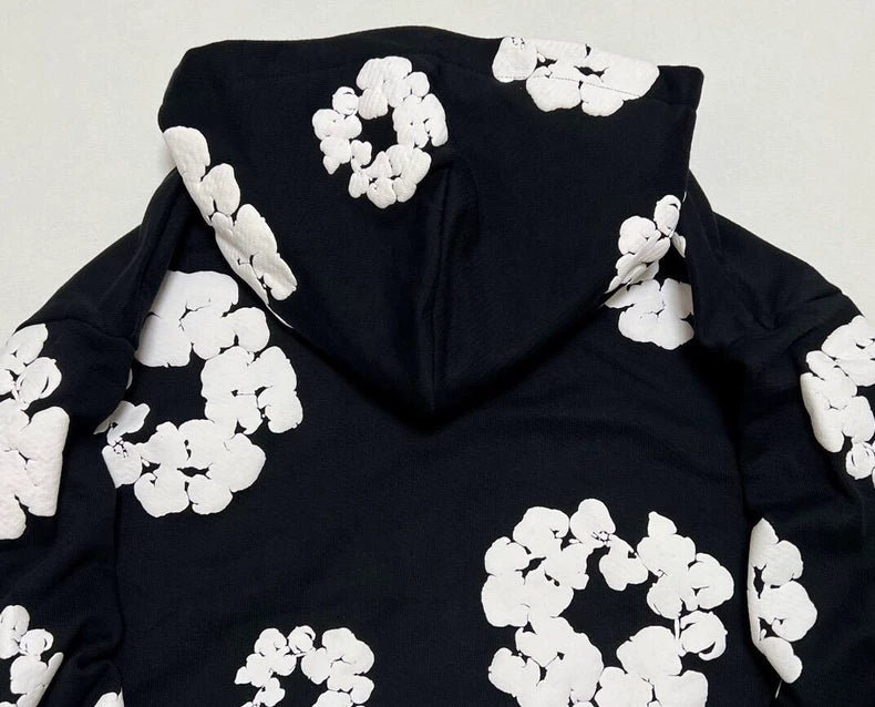 Black “Cotton Wreath” Denim Tears Hoodie – White Floral Ring Print Streetwear Hoodie