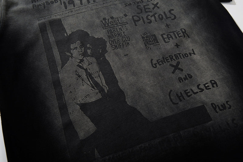 Washed black punk graphic T-shirt with Sniffin' Glue zine-style print and bold collage text design