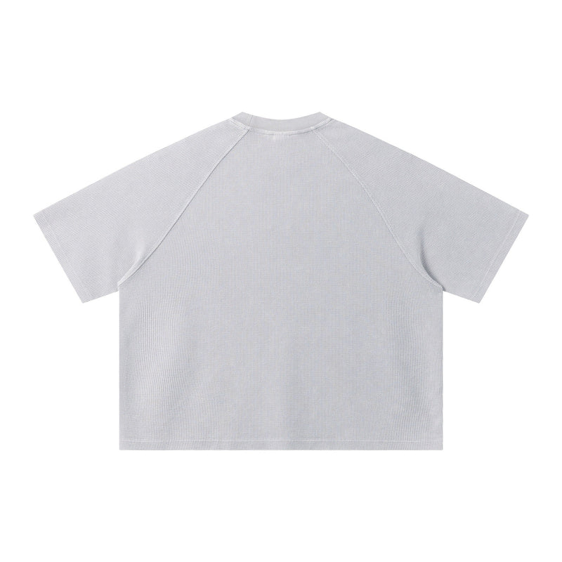 Back view of light gray textured streetwear T-shirt with a subtle stained glass soul graphic print