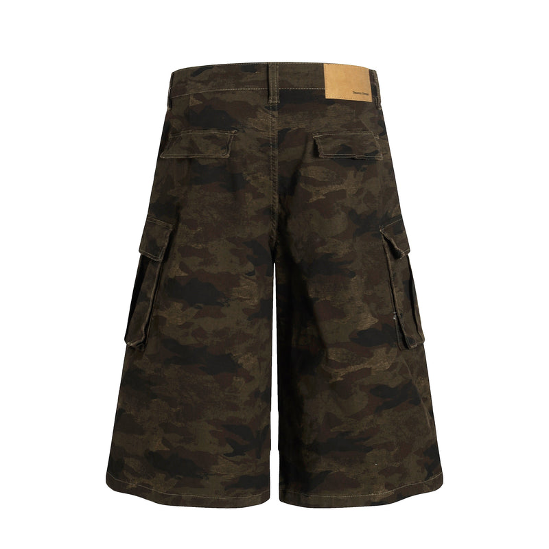 Back view of camouflage cargo shorts with rear patch and flap pockets