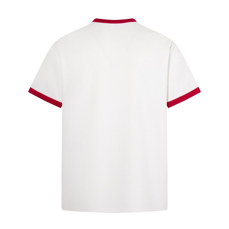 White ringer T-shirt with red collar and sleeve trim, shown from the back on a clean white background