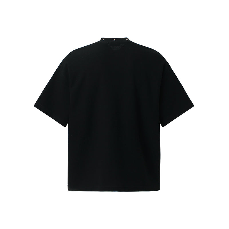 Black oversized gothic streetwear tee with a high neck and subtle metal studs on a plain white background
