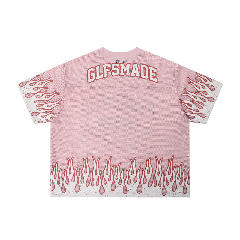 Pink mesh football jersey with red flame graphics, GLFSMADE lettering, and streetwear-inspired short sleeves