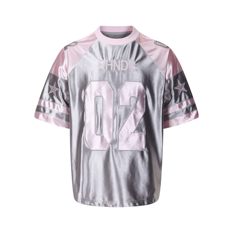 Metallic pink and silver oversized varsity jersey tee with RHNDE 02 number and star sleeve details