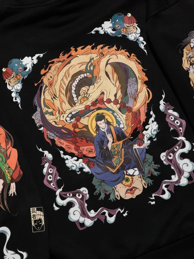 The Jujutsu Kaisen Geto Suguru Anime Hoodie, a high-quality apparel piece by Jujutsu Kaisen, features a detailed illustration of a person in traditional attire with swirling flames and mythical creatures. Vibrant blue and orange dragons, clouds, and decorative patterns evoke its essence.