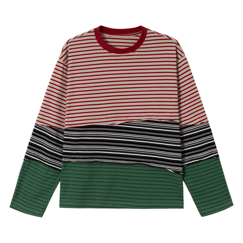Color-block striped long sleeve tee in red, black, and green, front view