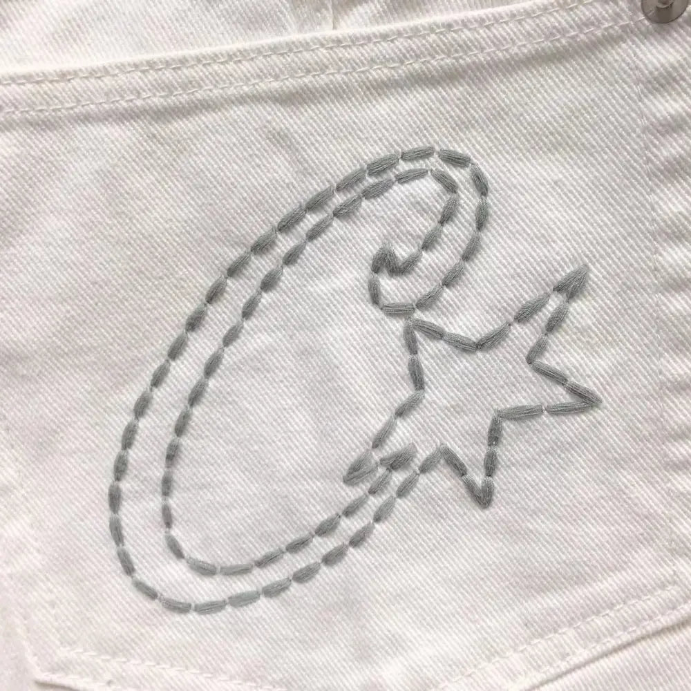 Corteiz White Denim Shorts with Star Embroidery