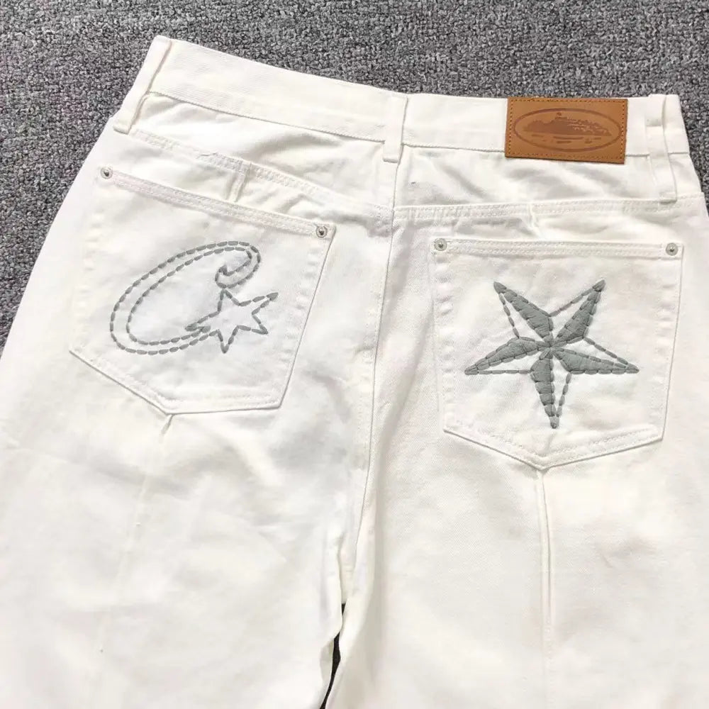 Corteiz White Denim Shorts with Star Embroidery