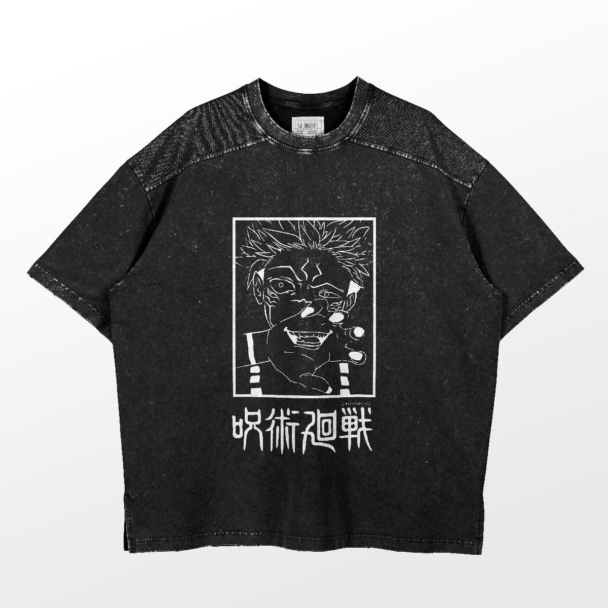 The Jujutsu Kaisen Sukuna Monochrome Close-Up T-Shirt, featuring a spiky-haired character with glasses and stylized text, is a black tee from our anime apparel collection. It showcases a speckled pattern and offers a comfortable casual fit.