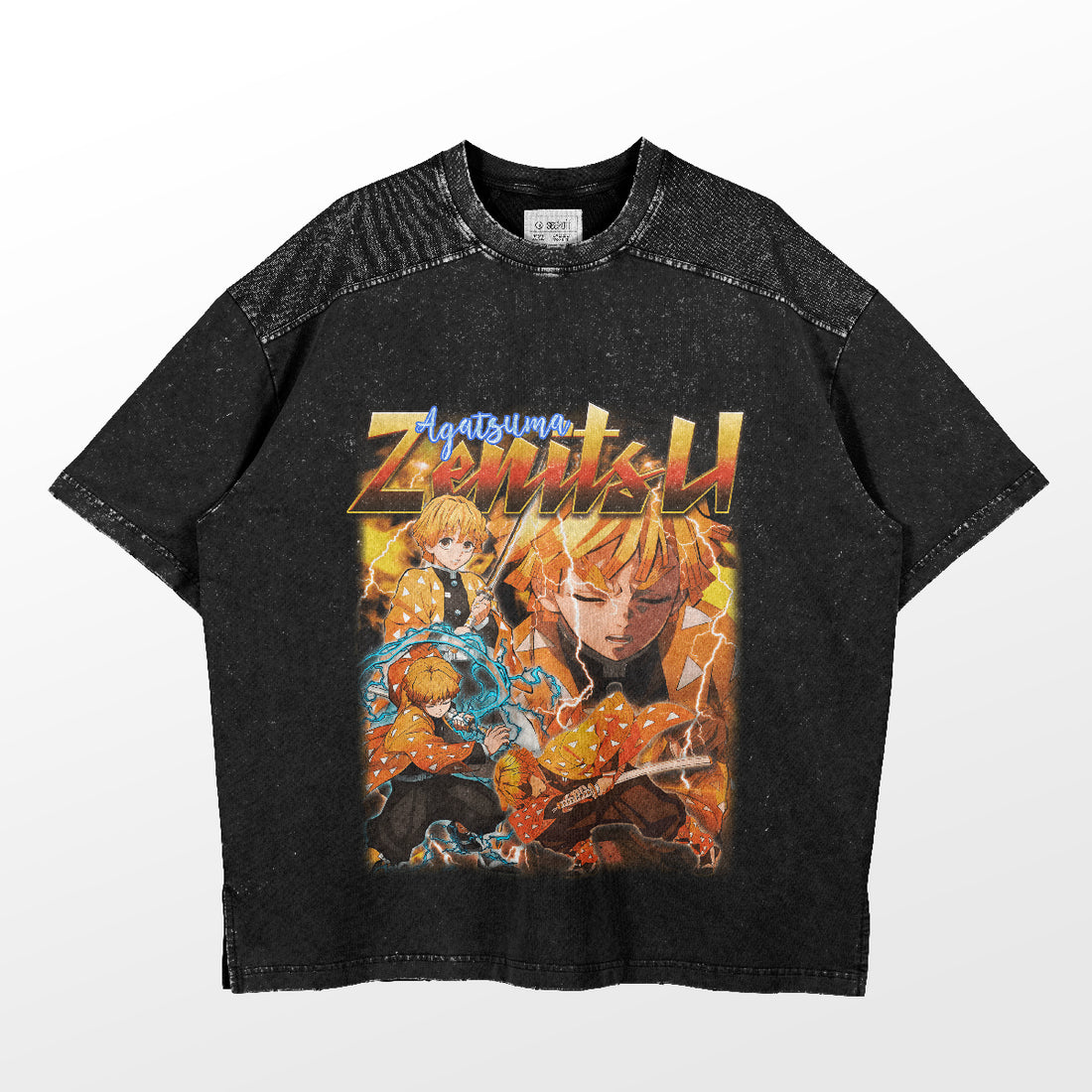 The Zenitsu Agatsuma Thunder Clash T-Shirt from Demon Slayer features Zenitsu with yellow hair amidst blue lightning and vibrant orange effects, highlighting &quot;Agatsuma Zenitsu&quot; at the top—ideal for fans of Thunder Breathing techniques.