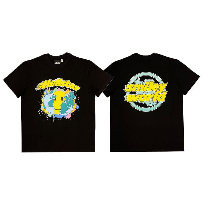 เสื้อยืด Hellstar Smiley World - 250GSM COTTON, เสื้อคลุมสีดำกราฟิกสีสันสดใสโลกสีดำ