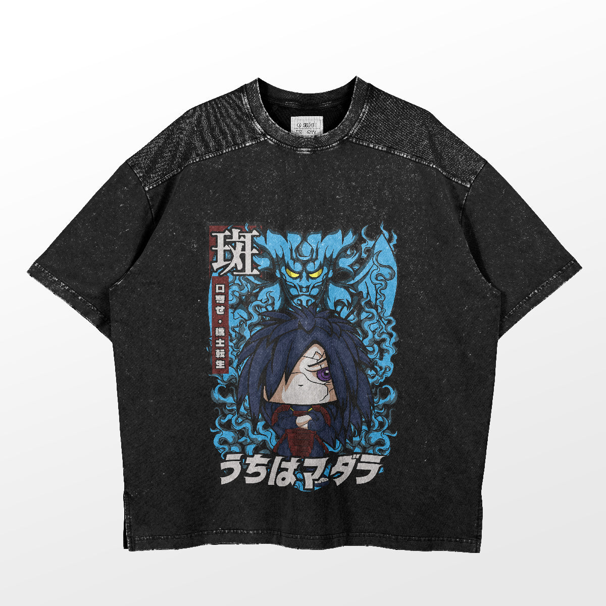 The Naruto Madara Uchiha T-Shirt features a black base with a blue shadowy figure and chibi character, framed by Japanese text on speckled fabric. Ideal for anime fans, this piece is essential for any Naruto collection.