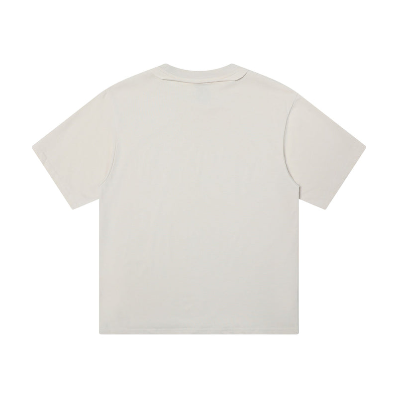 Cream minimalist crewneck tee with deconstructed collar and oversized short sleeves on a white background