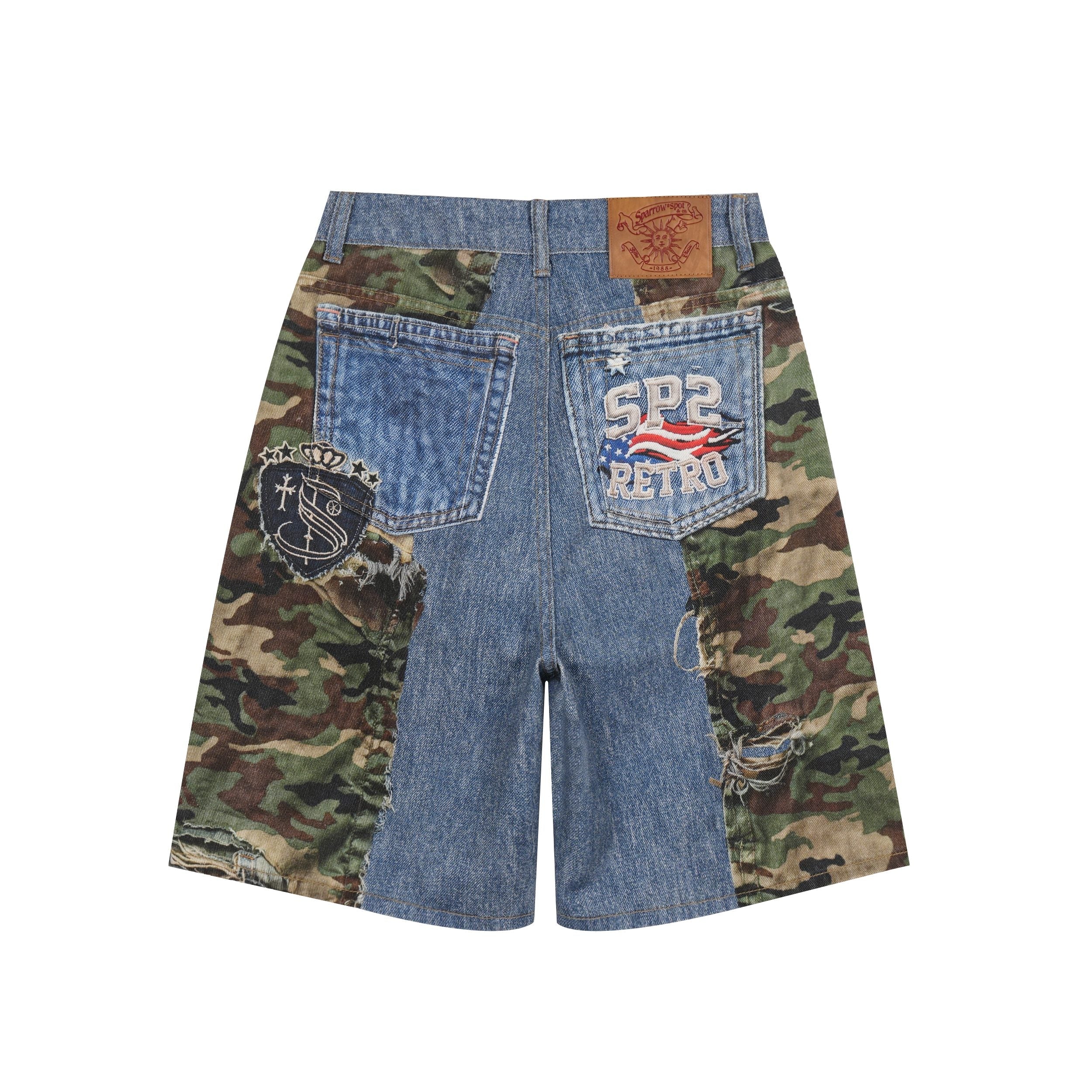 Camo Patch Denim Jorts | Y2K Varsity Streetwear Shorts
