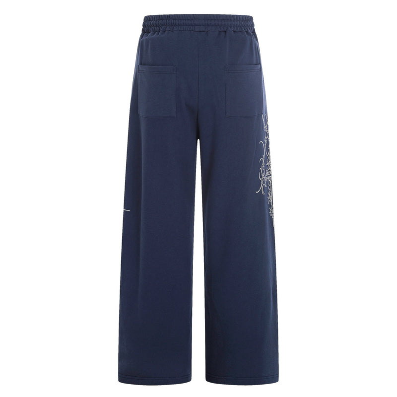 Gothic Line Graphic Wide-Leg Sweatpants with Side Rivets