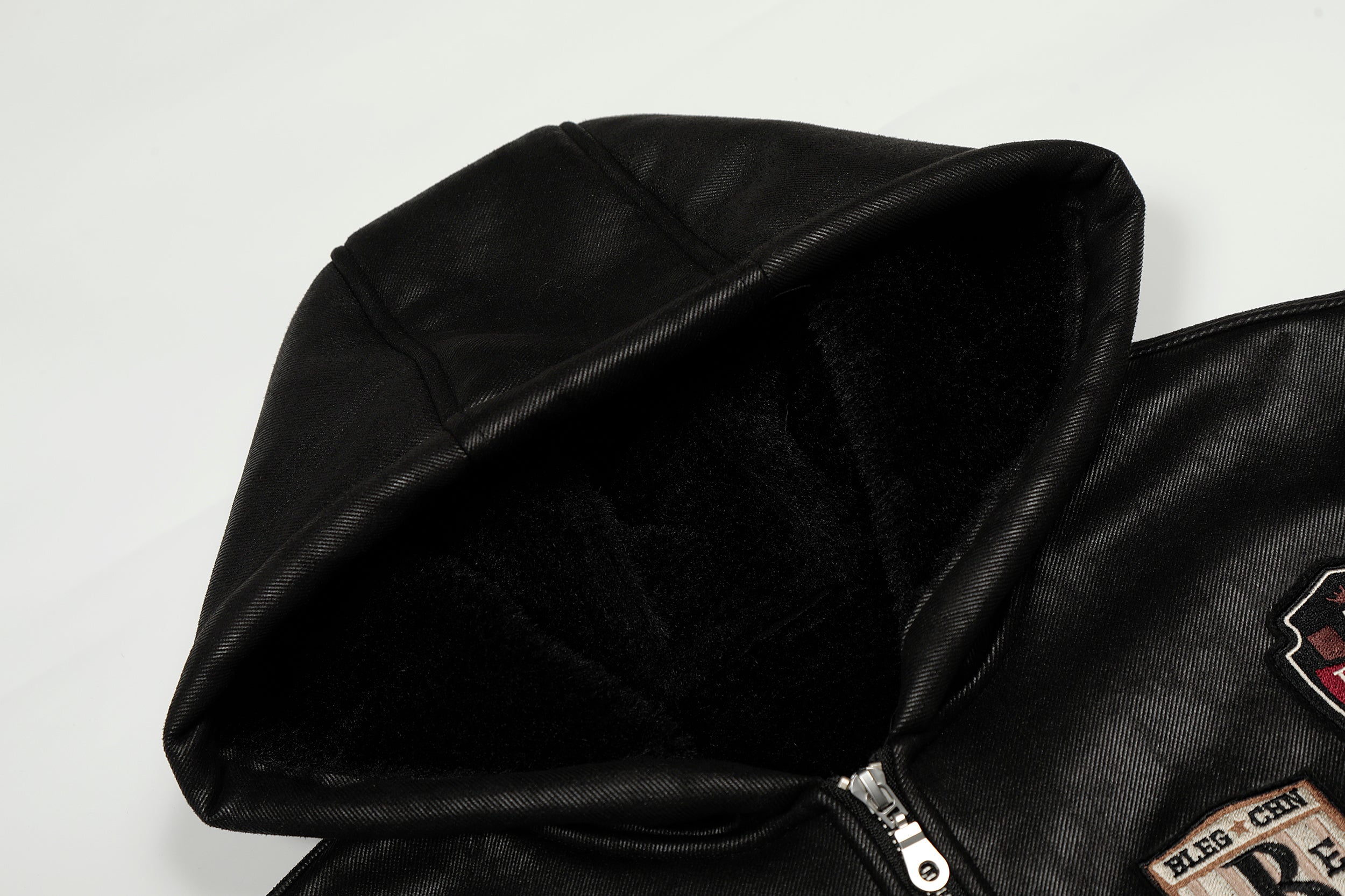 Omirad Badge PU Leather Hooded Varsity Jacket
