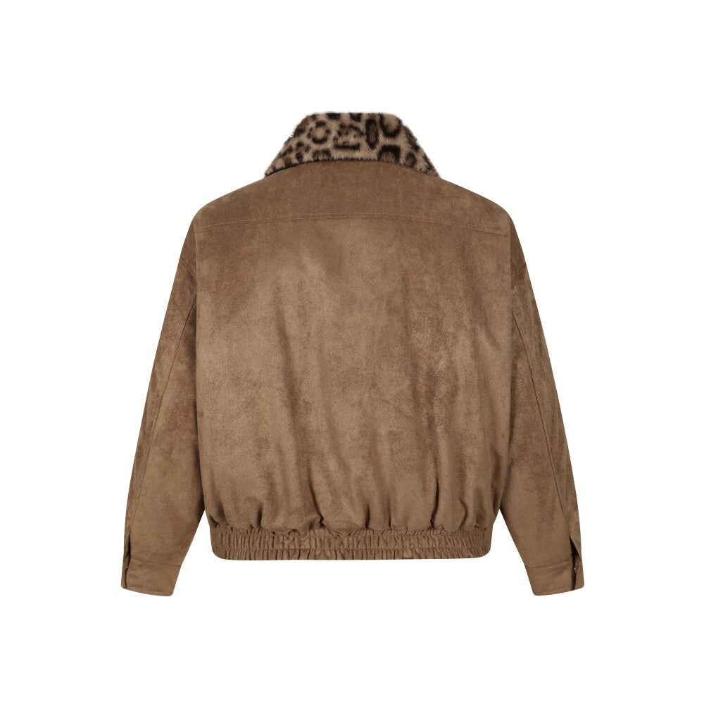Leopard Faux Fur Collar Suede Bomber Jacket | Omirad