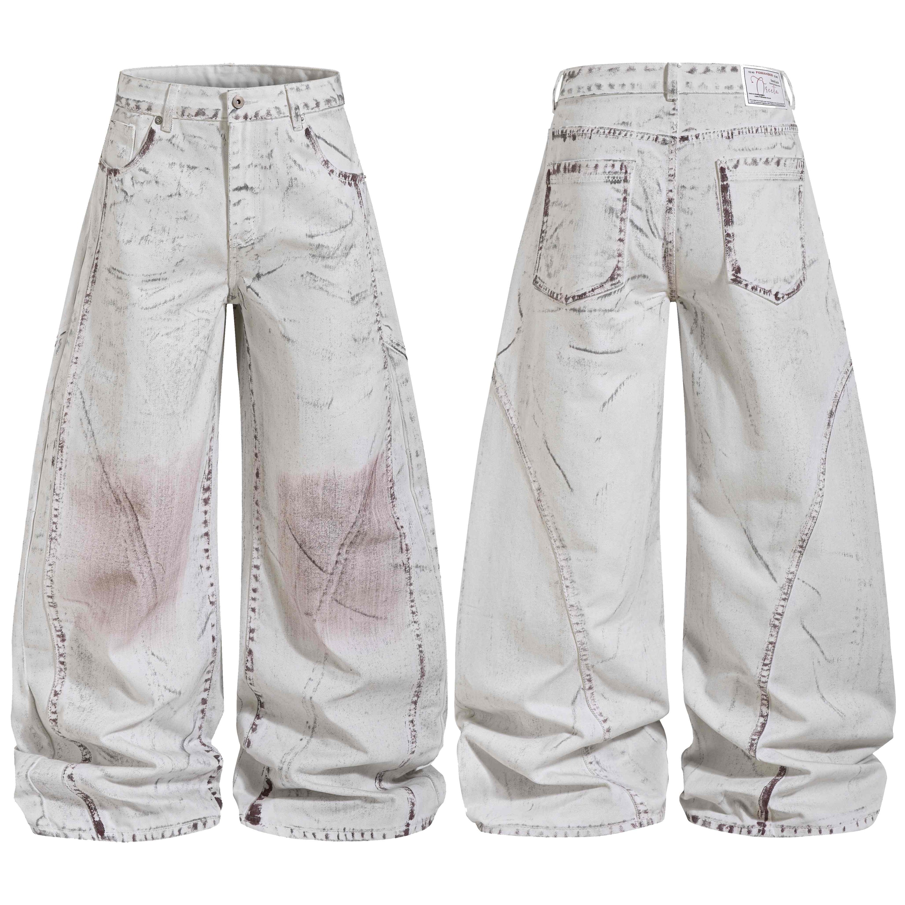 Front and back view of off-white washed wide-leg panel denim pants with faded distressed detailing and tonal seams