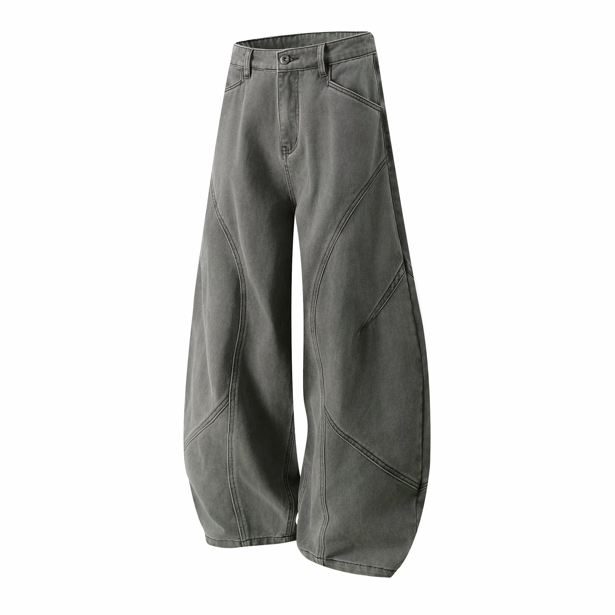 Curved-Panel Balloon Wide-Leg Jeans | Sculpted Streetwear Denim
