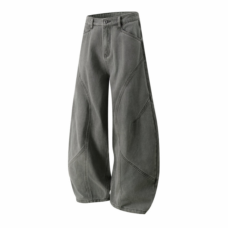 Charcoal gray wide-leg jeans back view with curved seam panels