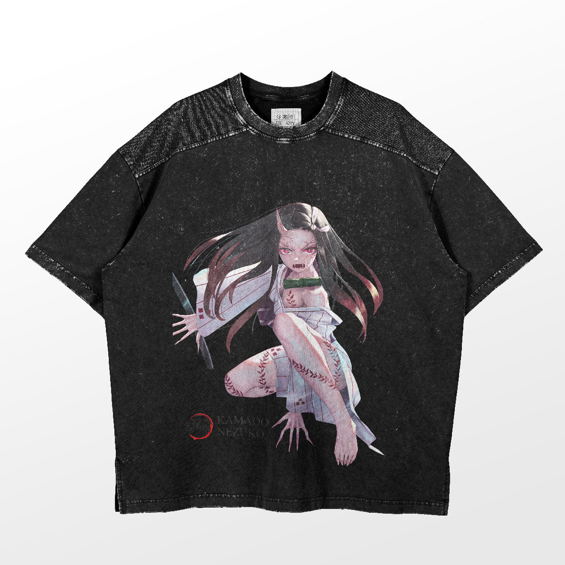 The Nezuko Kamado Demon Form T-Shirt by Demon Slayer features a black design showcasing Nezuko with long dark hair in a light outfit. The words &quot;KAMADO NEZUKO&quot; highlight her iconic demon form essence.