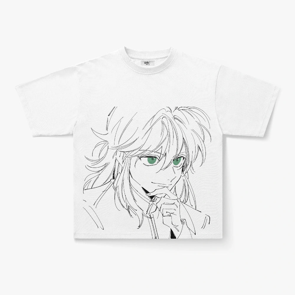 Anime Lineart Green Eyes Graphic Oversized Cream T-Shirt