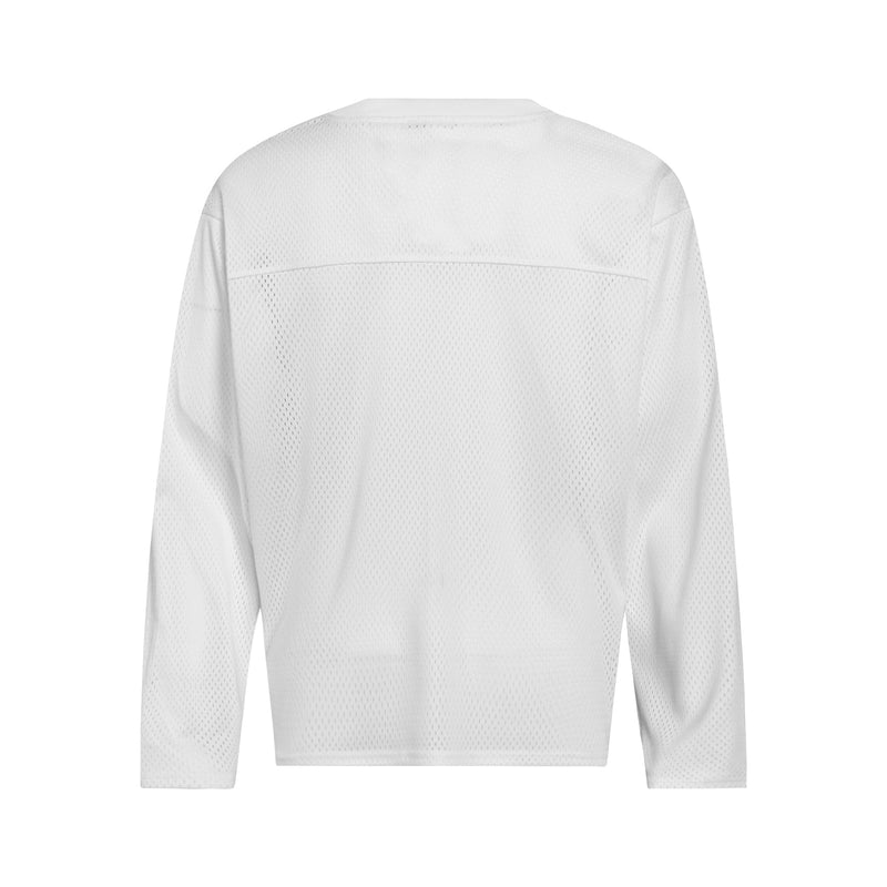 White mesh jersey back view with long sleeves and perforated fabric texture