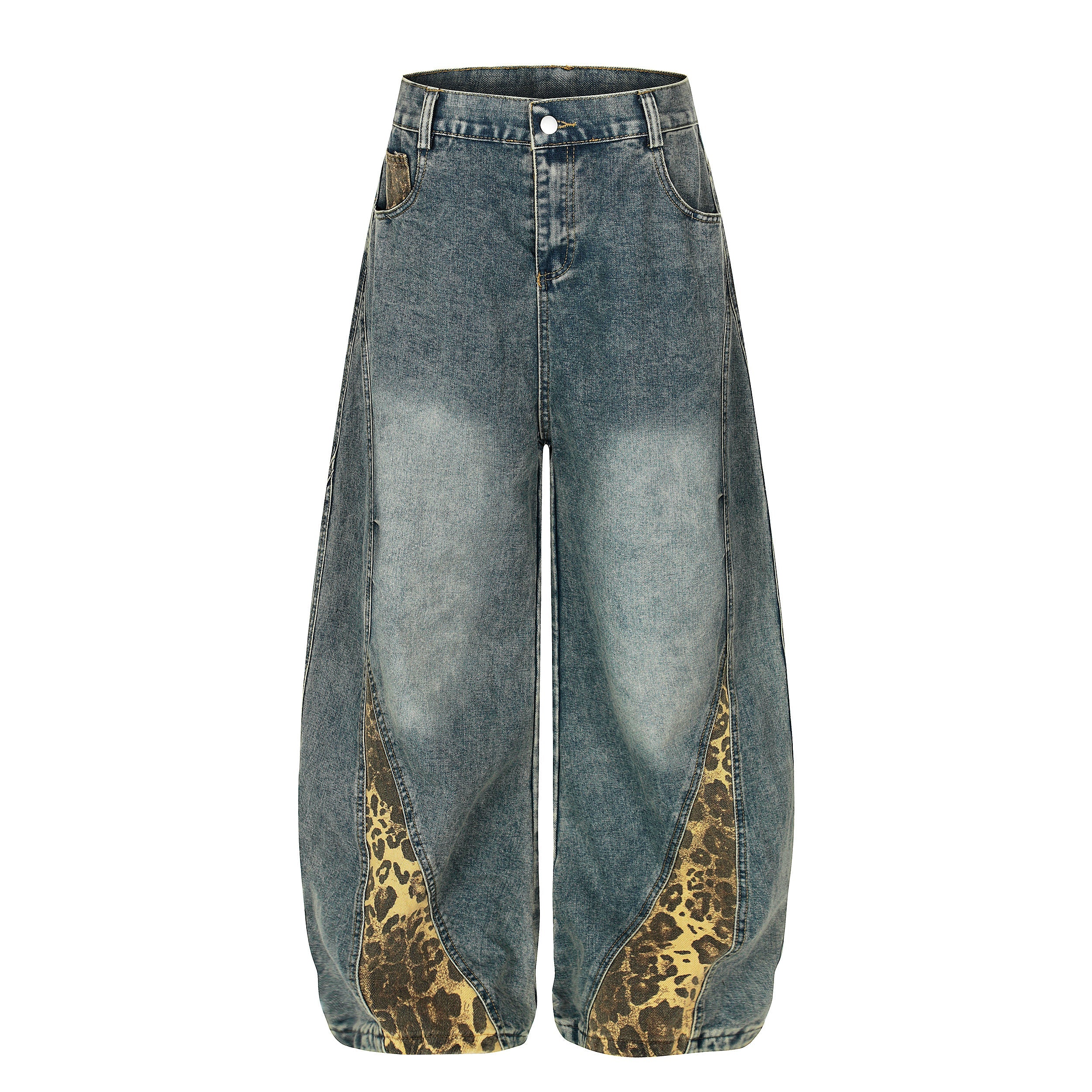 Leopard-Panel Wide-Leg Denim Jeans | Streetwear Baggy Fit