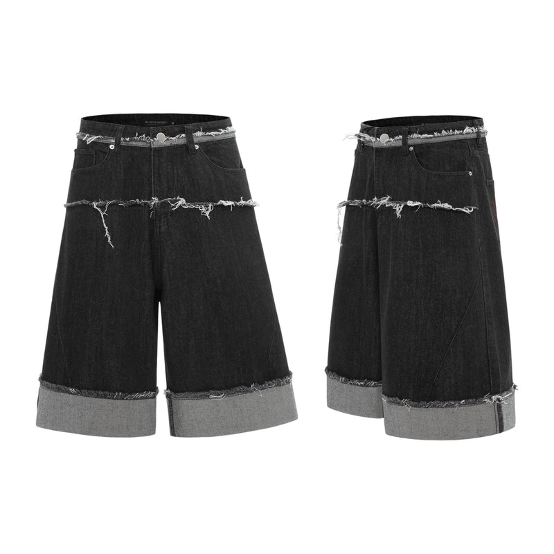 Front and side views of black wide-leg denim shorts with frayed horizontal seams and cuffed hems