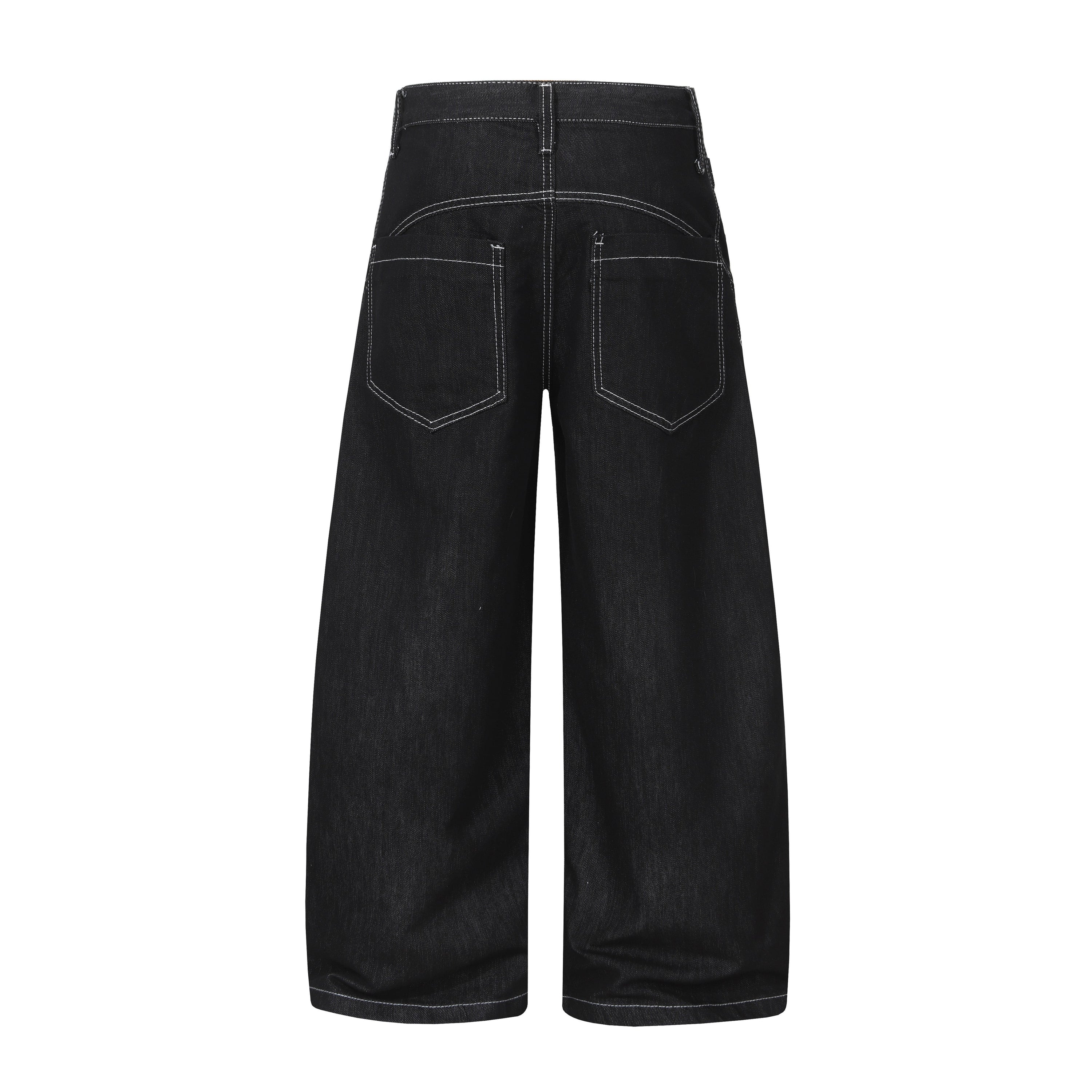 Wide-Leg Black Denim Pants with Metal Buckle Closure
