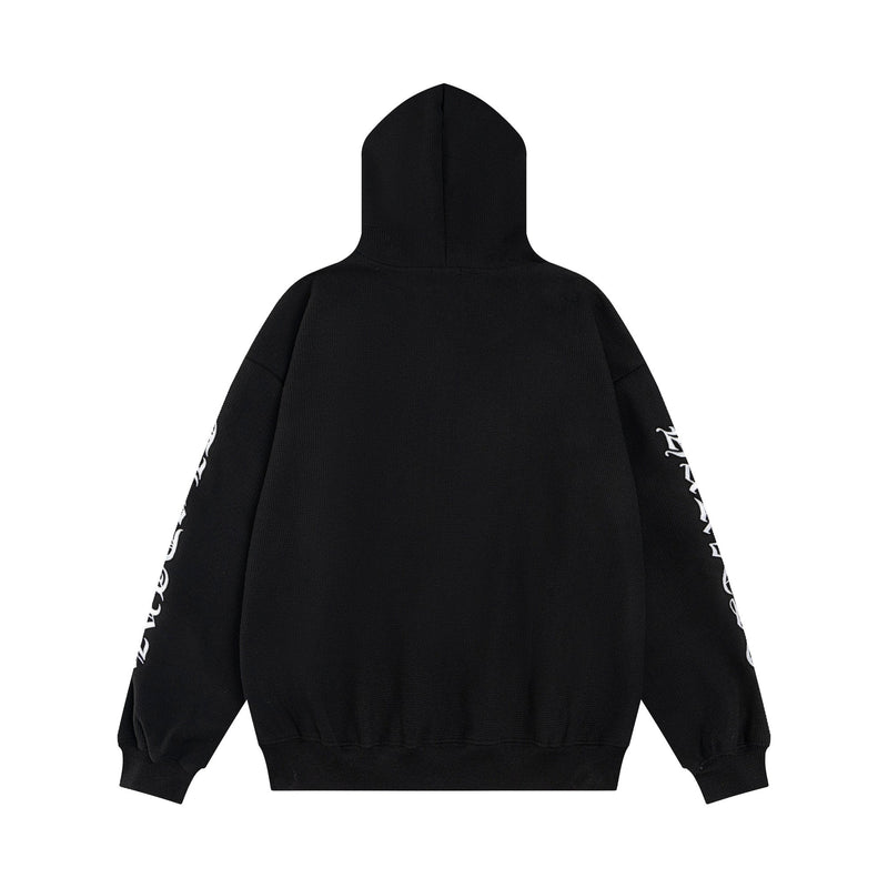 Back view of black zip hoodie with plain hood and white gothic script on sleeves