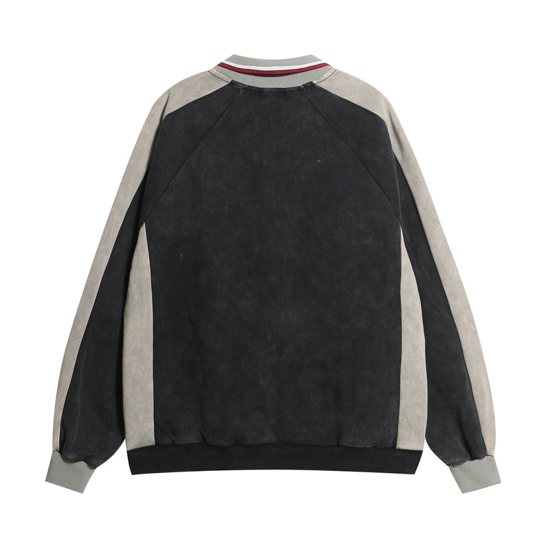 Black rugby sweatshirt with gray sleeves, striped collar, and ribbed cuffs, back view