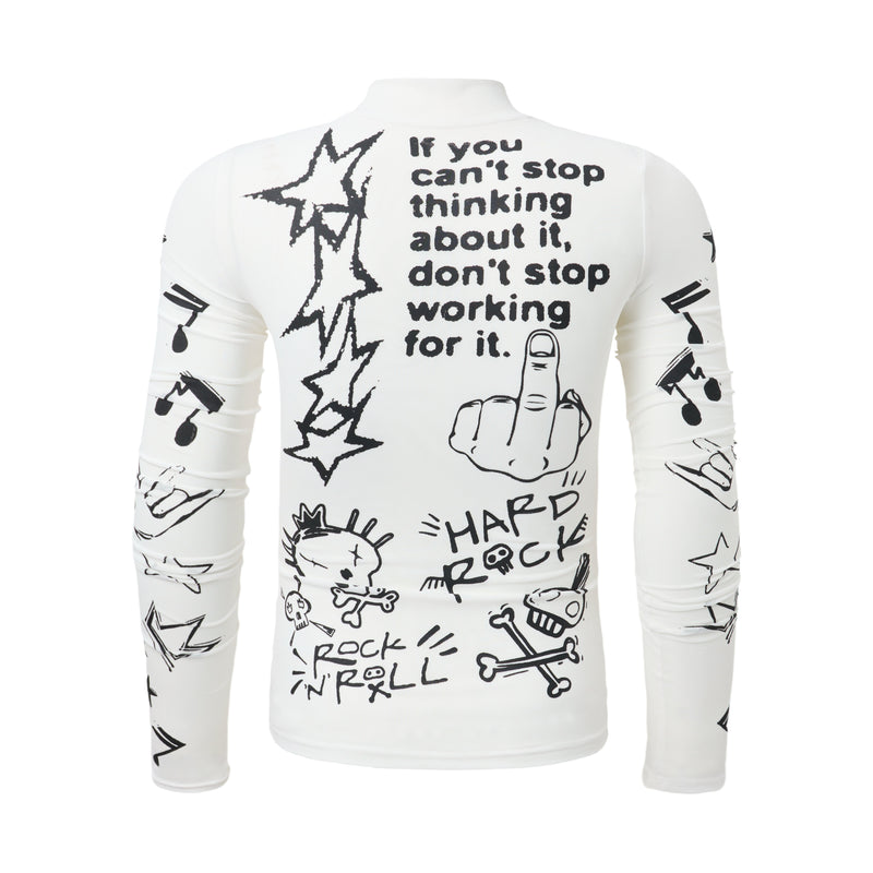 White turtleneck top with black rock graphics and text, back view
