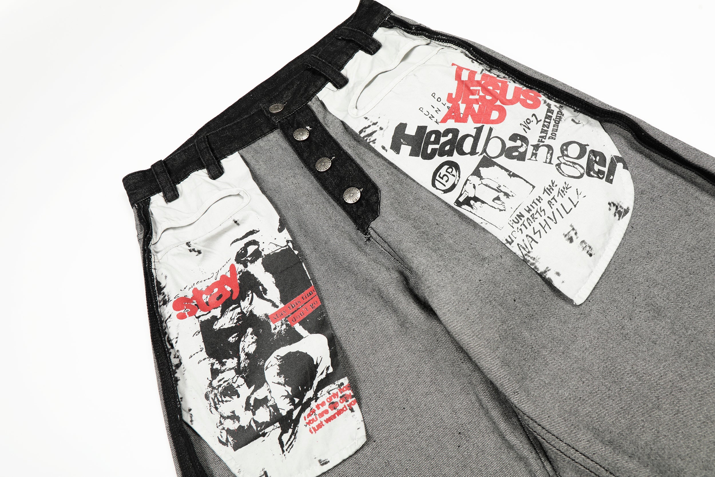 Punk Graphic Patch Flap Contrast Panel Wide-Leg Jeans
