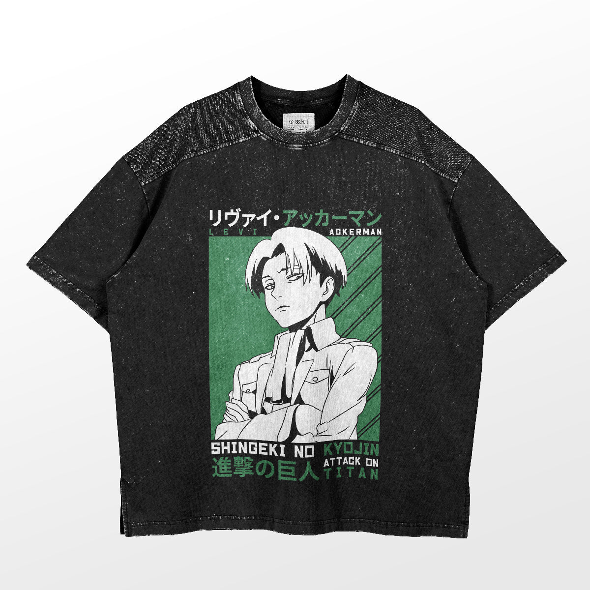 The Levi Ackerman Scouting Legion T-Shirt by Attack on Titan features the anime character with short hair on a green background, labeled &quot;Levi Ackerman&quot; in Japanese and English, plus &quot;Survey Corps.&quot; Ideal for any Attack on Titan fan!.