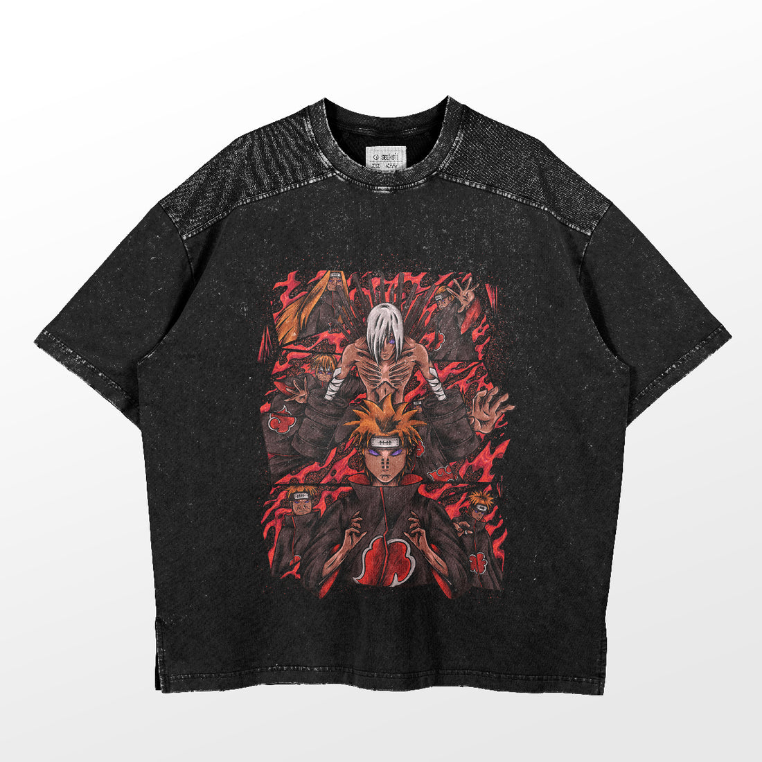 The Naruto Six Paths of Pain T-Shirt features an anime-inspired design showcasing two characters in dynamic poses, surrounded by fiery red and orange accents. This black premium apparel includes a speckled pattern on the sleeves and collar, perfect for any anime collection.