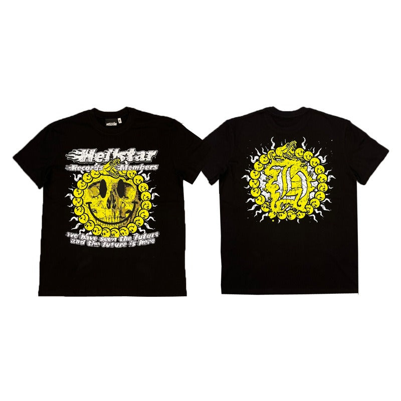 Hellstar Yellow Skull Smiley T 셔츠 - 250gsm Cotton Black Hellstar Shirt 뱀 뱀 그래픽