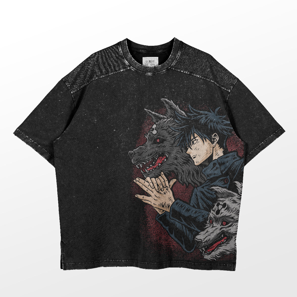 This black t-shirt from Jujutsu Kaisen features a dark art design with an anime character like Megumi Fushiguro cradling a wolf&