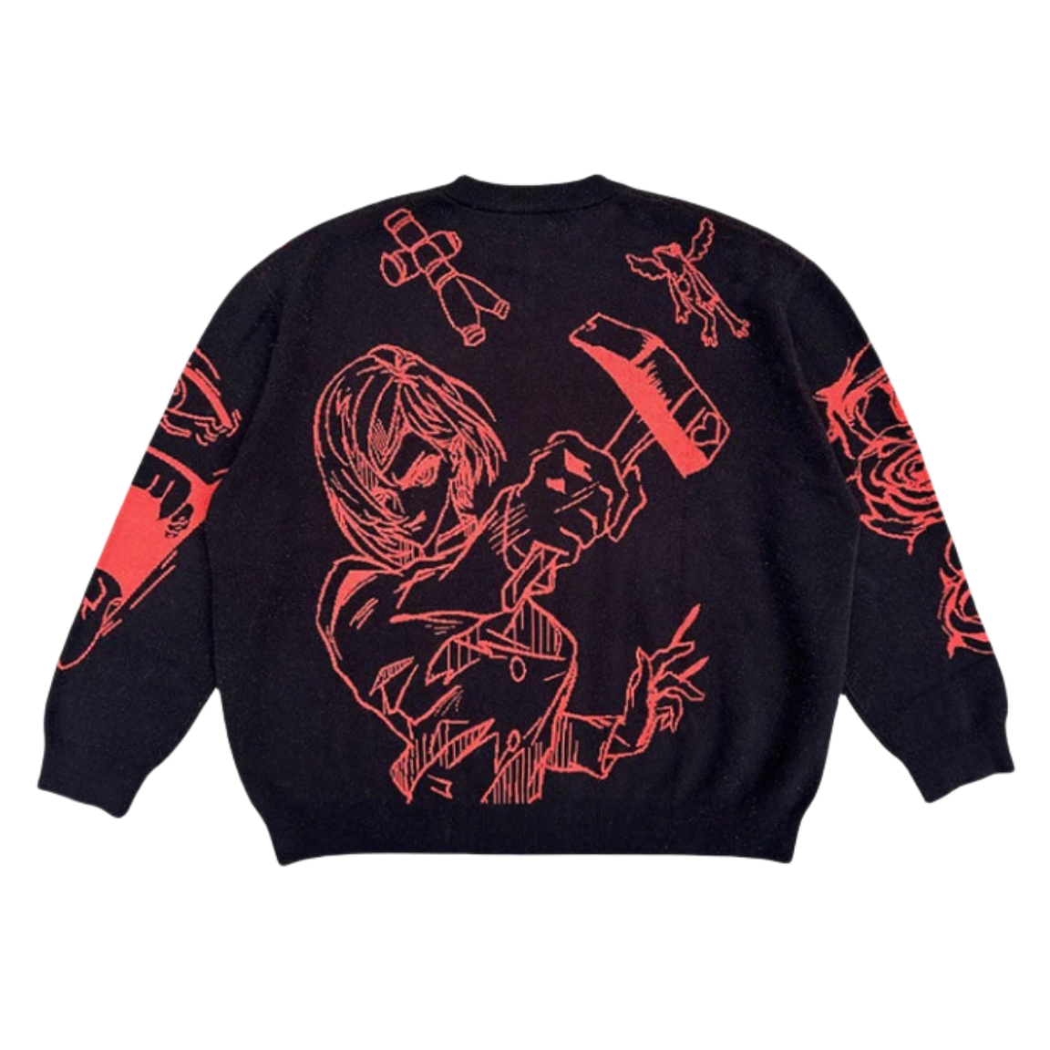 The Premium Jujutsu Kaisen-Inspired Knit Sweater features a black backdrop with red illustrations, highlighting Yuji Itadori and Nobara Kugisaki in a bold, graphic style.