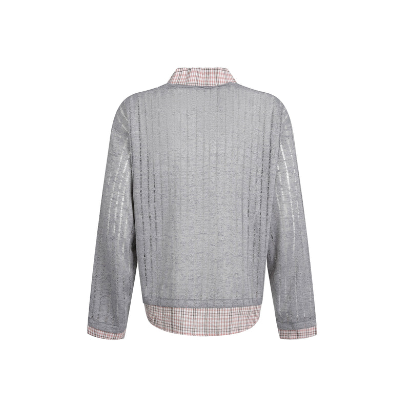 Gray sheer mesh top with plaid collar and back hem trim, back view