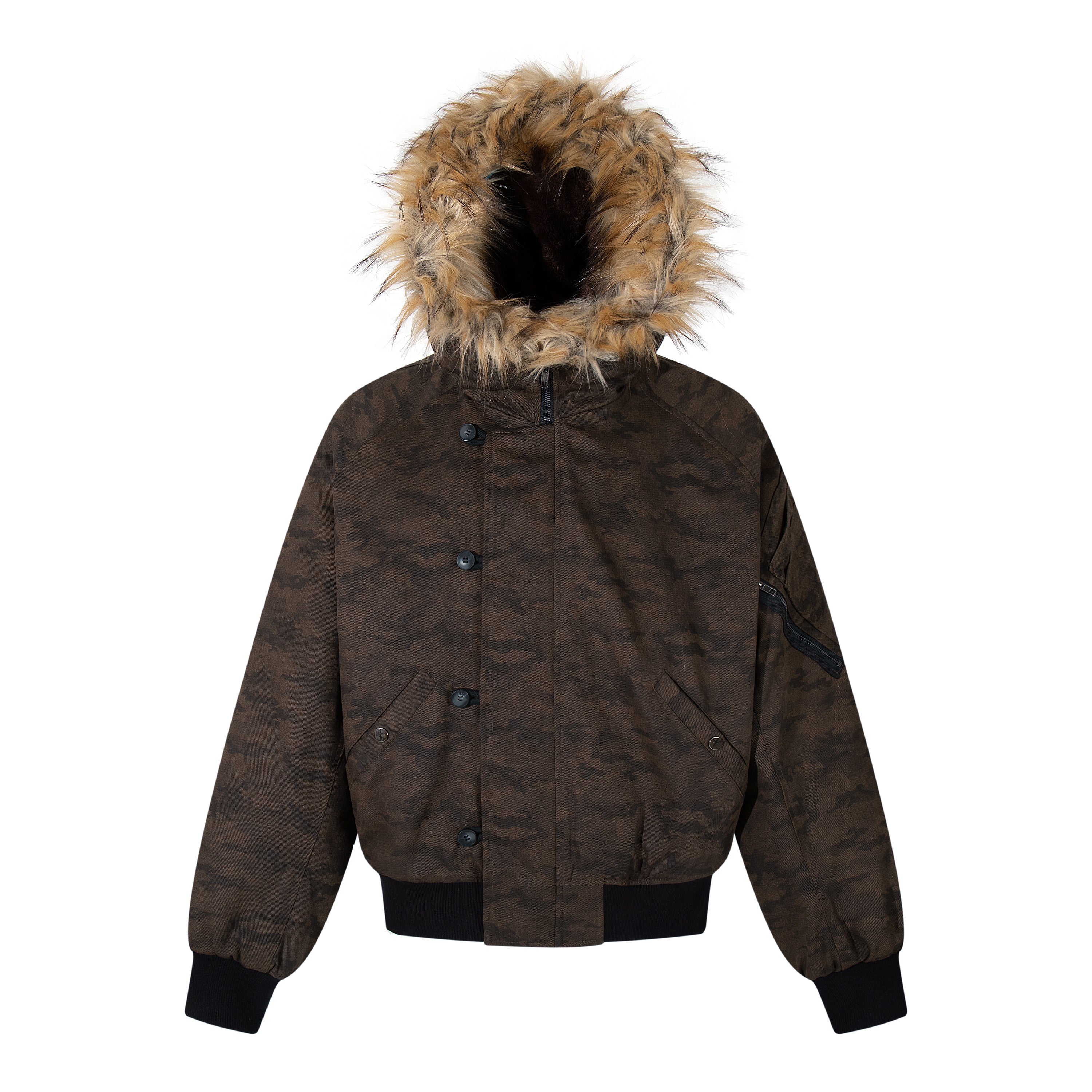 Dark brown camouflage bomber jacket with oversized tan faux-fur trimmed hood and black ribbed cuffs and hem, front view