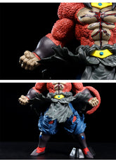 A two-part image of the Seakoff Super Saiyan Broly Collectible Figure shows a 33cm Dragon Ball Z character with red, fur-like arms and torso, blue pants, a flowing black garment with eye design, and clenched fists.