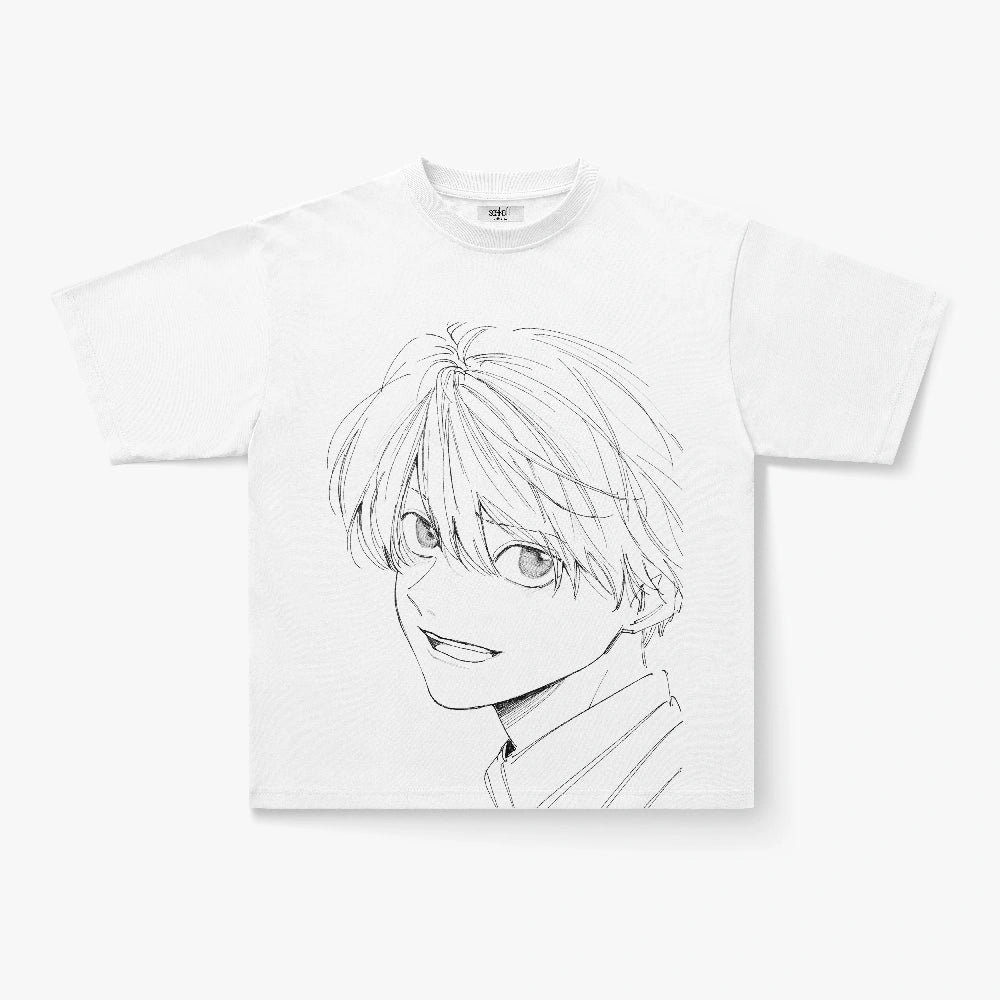 Manga Line Art Anime Boy Graphic Oversized White T-Shirt