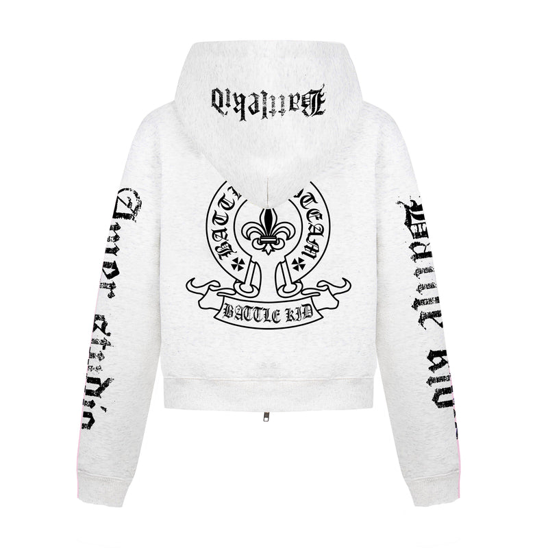 Back view of white zip-up hoodie with large black crest graphic and gothic lettering on hood