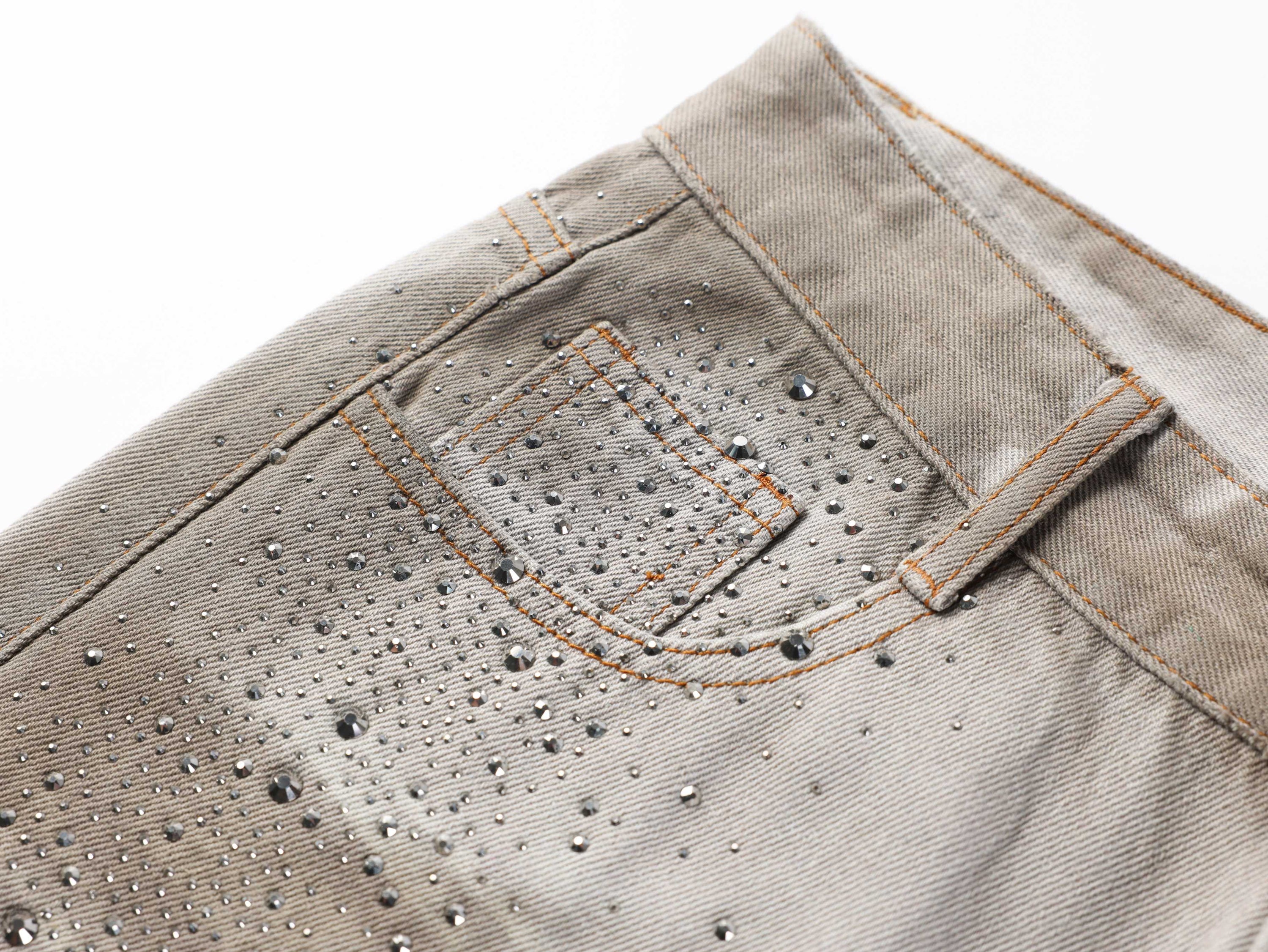Washed Balloon Fit Denim Pants with Rhinestone Detail