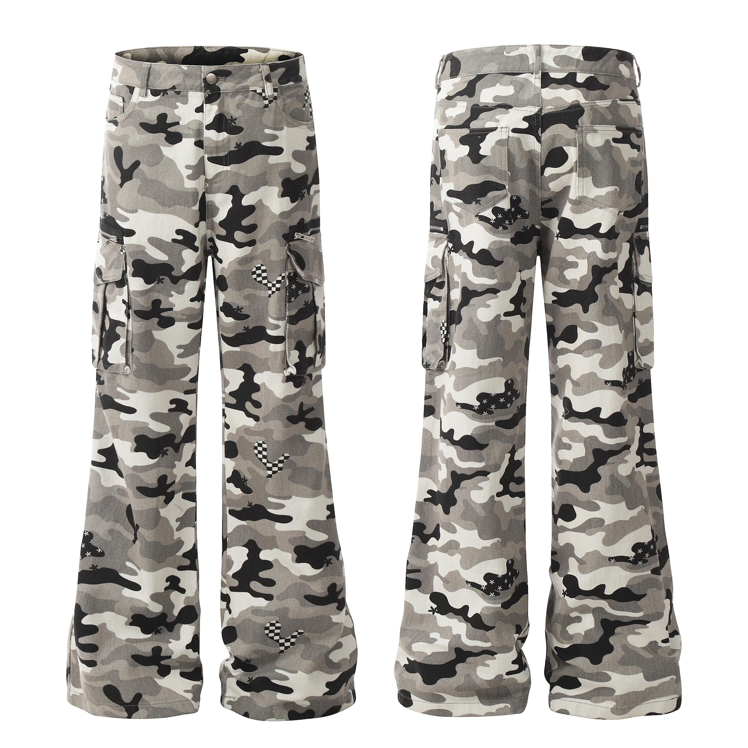 Front and back view of grey camouflage wide-leg cargo pants with checkerboard heart and star patches